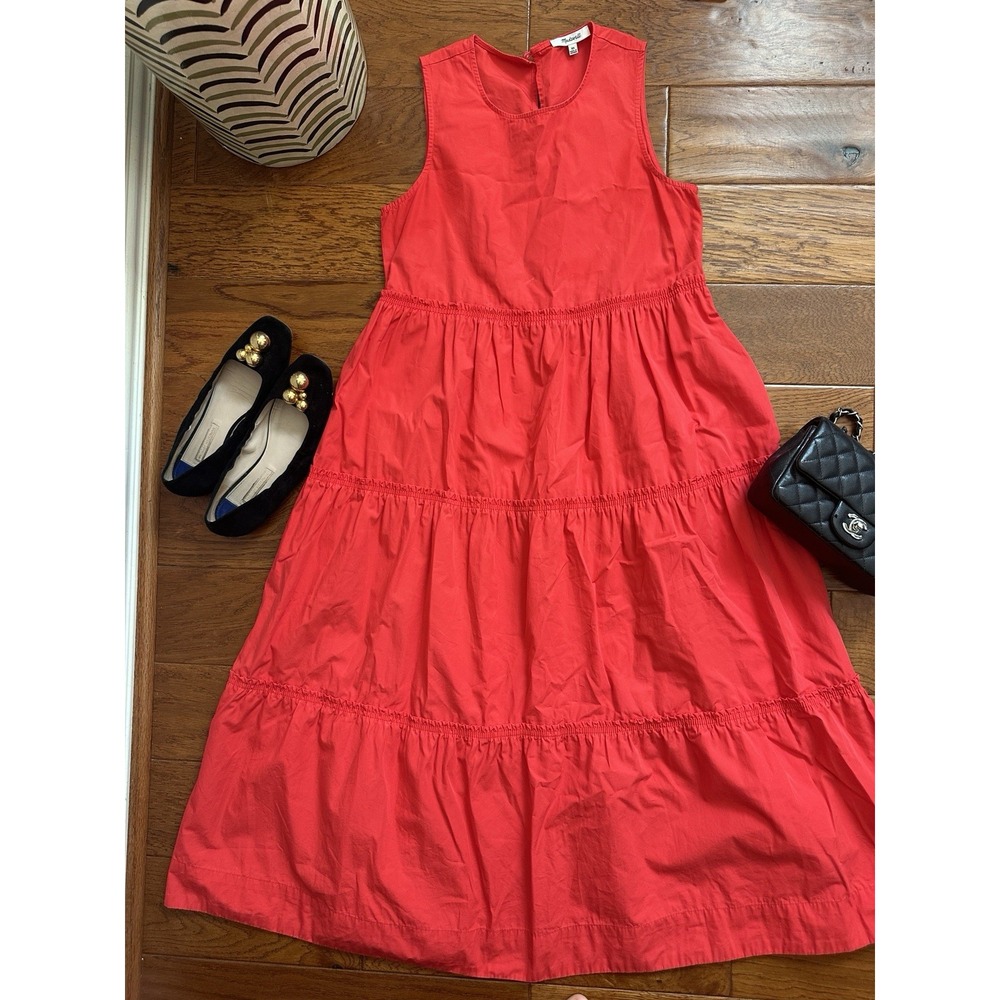 Madewell Cattail Tiered Dress XS 100% Cotton Midi Sleeveless Heirloom Rose Red